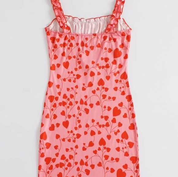 XS Shein Runched Milkmaid Pink Bodycon Dress with Red Hearts and Ruffled Straps - Picture 3 of 10
